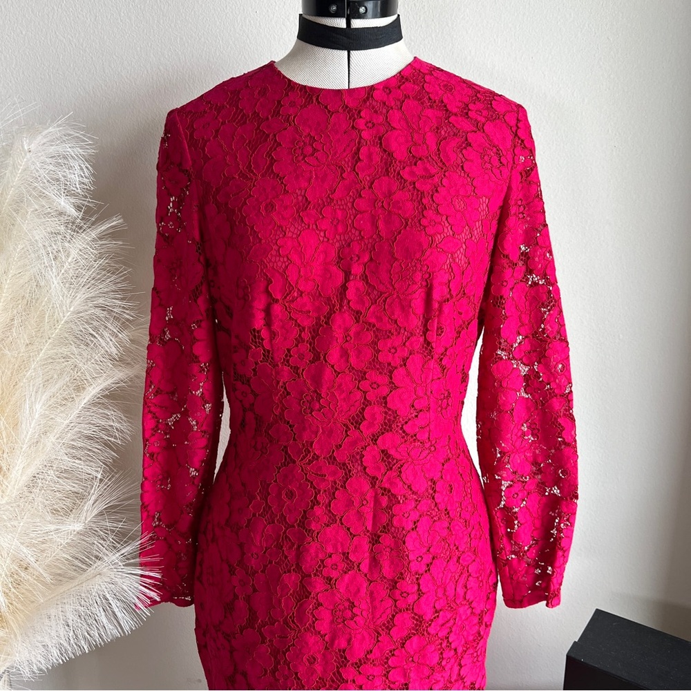 Carolina Herrera Red Lace High Neck Above Knee Sheath Dress - Picture 13 of 15